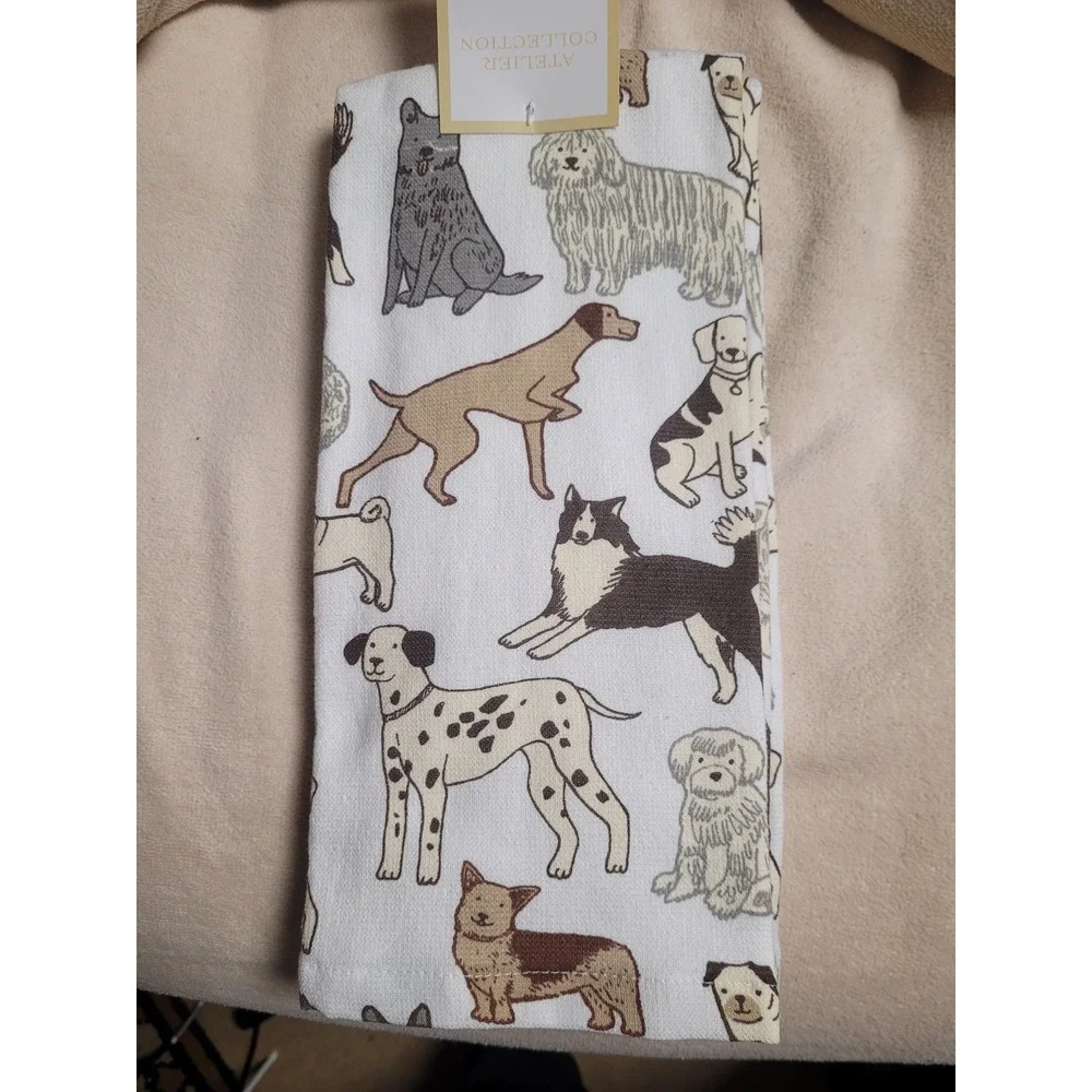 Atelier Collection Designer Doggie Motif Kitchen Towels Cotton Lyocell Set/2 NEW